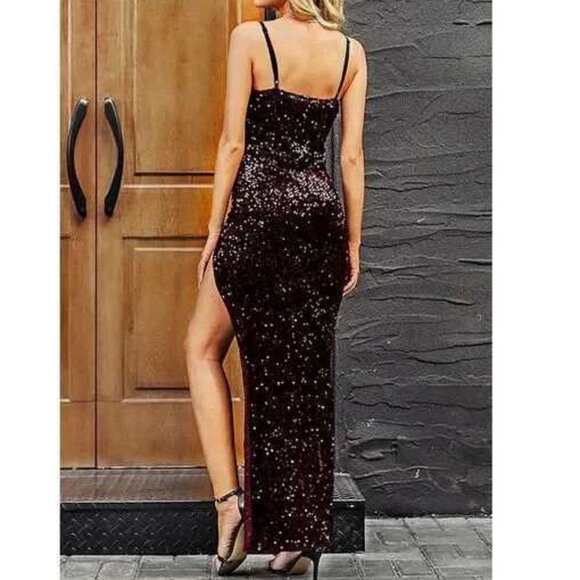 SIMPLEE Women Evening Dress, Sexy V Neck, Bodycon, Sequin, w/ Slit Sz: XL Black - Picture 3 of 14
